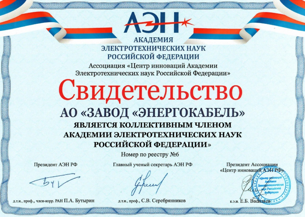 Certificate of collective membership of the Academy of Electrotechnical Sciences of the Russian Federation