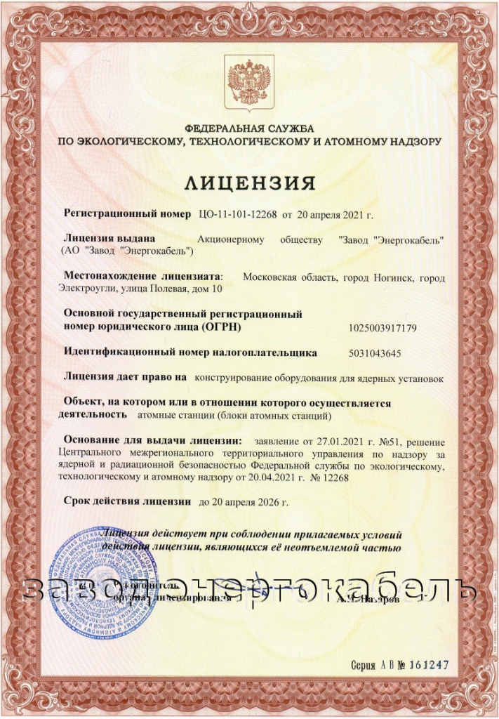 Лицензия на конструирование оборудования для ядерных установок на атомных станциях
