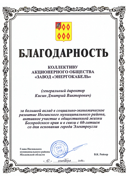 Благодарность за большой вклад в социально-экономическое развитие Ногинского муниципального района