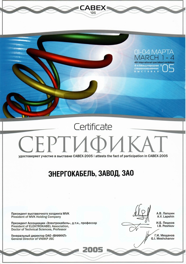 Диплом участника выставки "CABEX-2005"