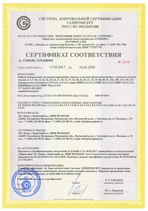 Сертификат соответствия ГАЗПРОМСЕРТ (Для кабелей контрольных в холодостойком исполнении, не распространяющих горение, с медными жилами)