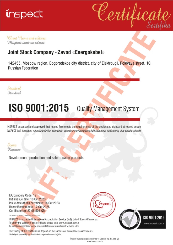 Сертификат соответствия ISO inspect (анг.)